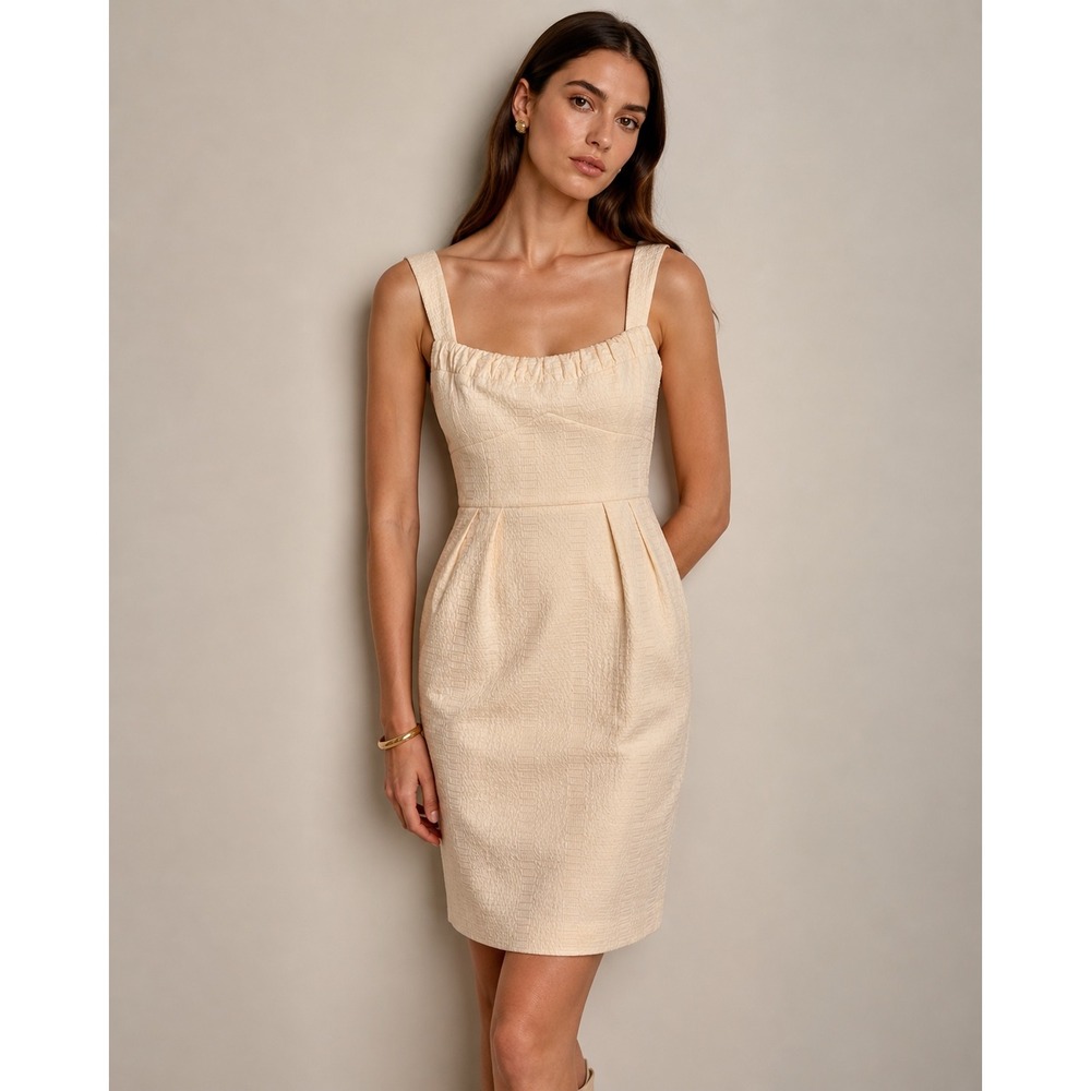 Nanette Lepore Cream Textured Jacquard Ruffle Neck Sheath Dress Size 8